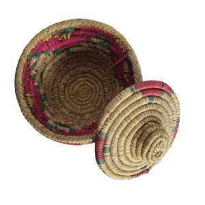 Vintage Native American Coiled Woven Basket With Lid 7" x 3.5"
